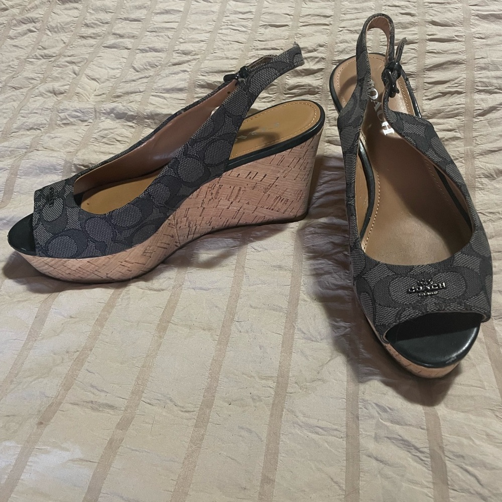 Coach Black Peep-Toe Wedges with Cork Heel